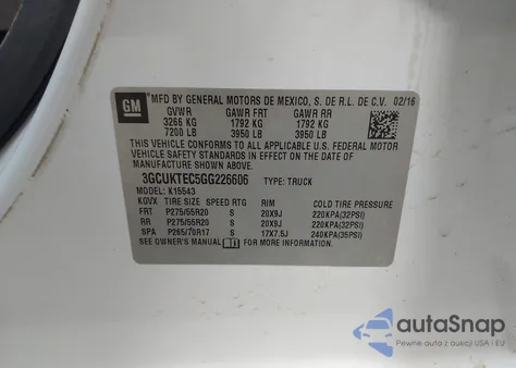 2016 Chevrolet Silverado 1500 High Country z USA, uszkodzony, nr VIN 3GCUKTEC5GG226606